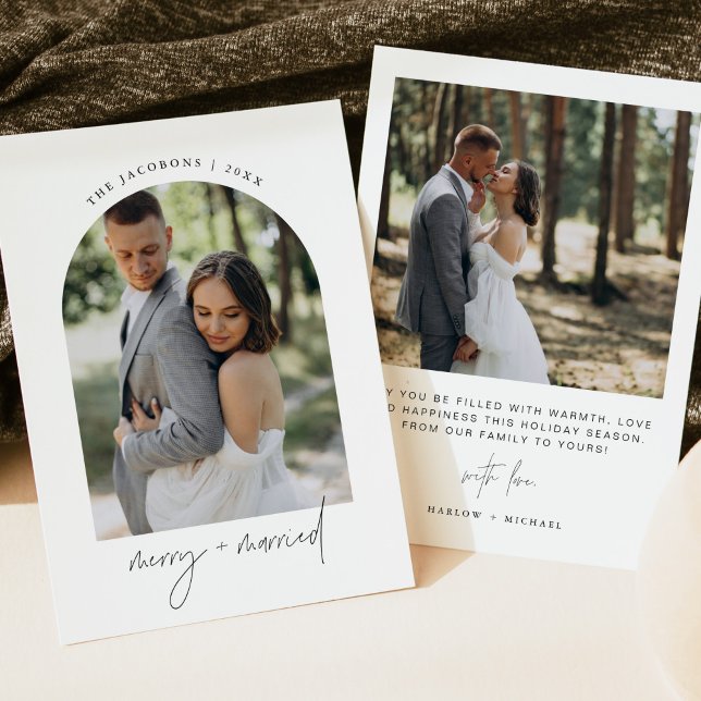 HARLOW Modern Arch Photo Merry & Married Holiday Invitation (Creator Uploaded)