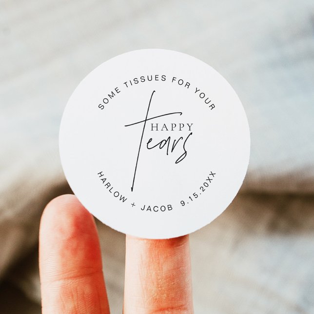 HARLOW Modern Minimal Happy Tears Wedding Tissues Classic Round Sticker (Creator Uploaded)