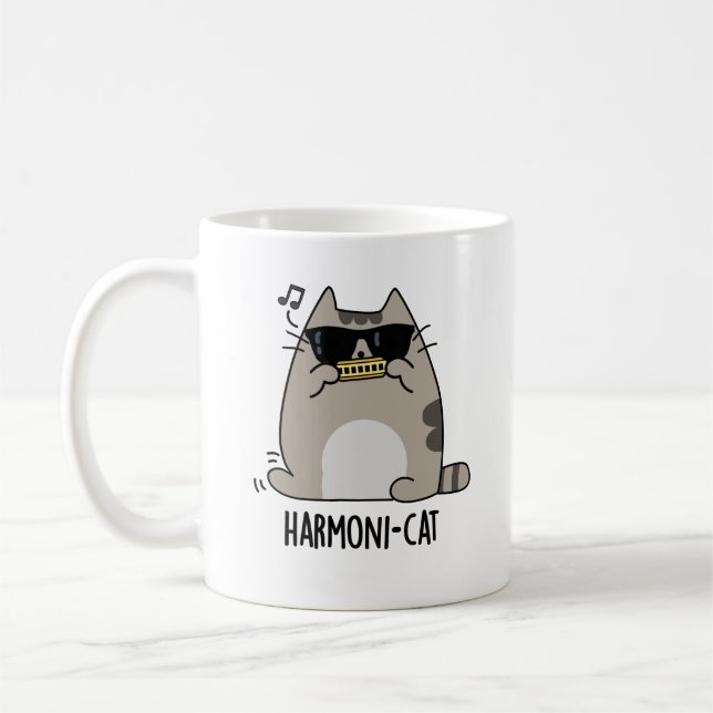Harmoni-cat Funny Harmonica Cat Pun  Coffee Mug (Left)