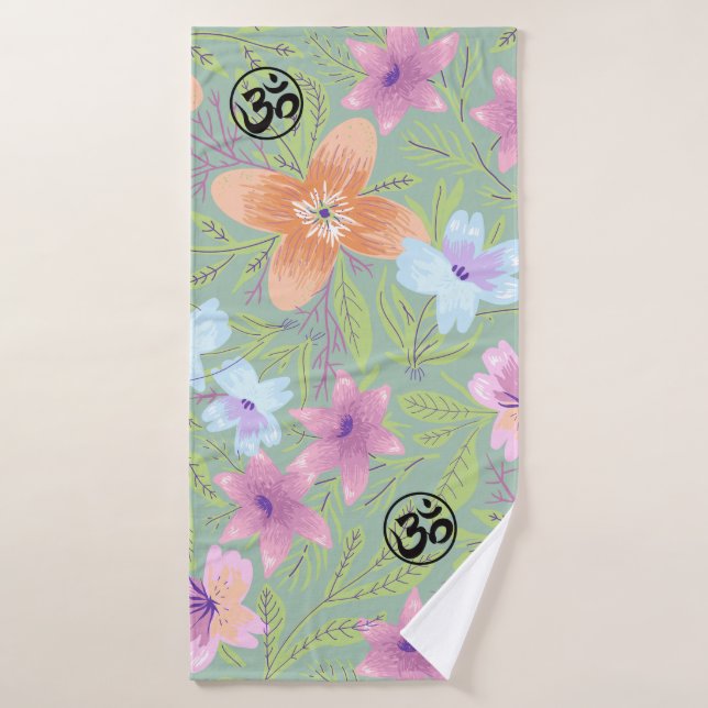 Harmonic Blossoms: Floral Design with OM Symbols Bath Towel Set (Bath Towel)