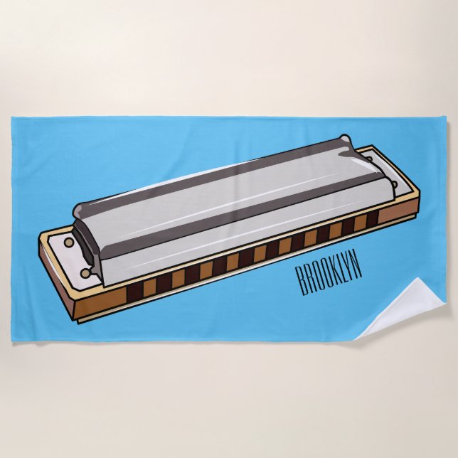 Harmonica cartoon illustration beach towel (Front)