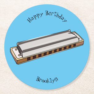 Harmonica cartoon illustration round paper coaster