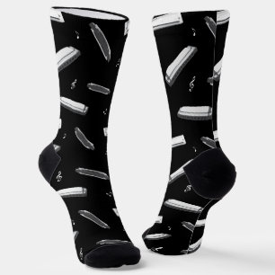 Harmonica Mouth Organ Pattern on Black Socks