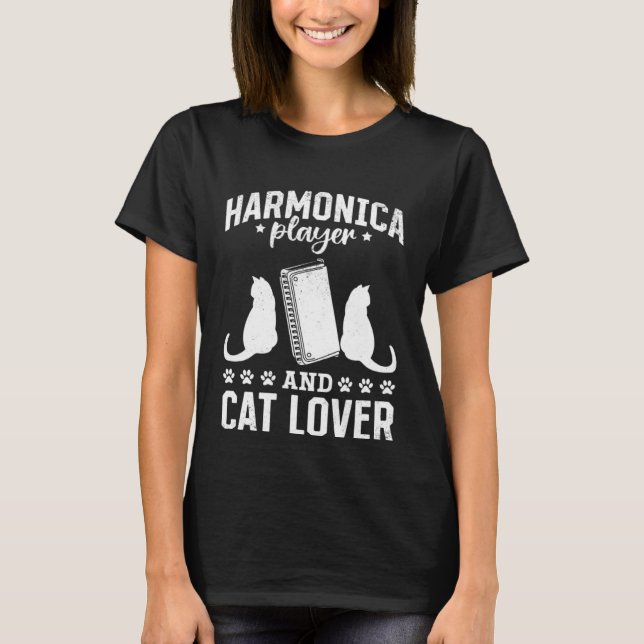 Harmonica Player And Cat  Harmonica Mouth Organ Pl T-Shirt (Front)