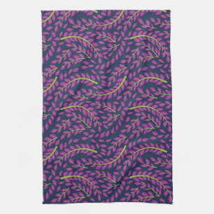 Harmonious Botanical Art on Dark Blue Background Tea Towel