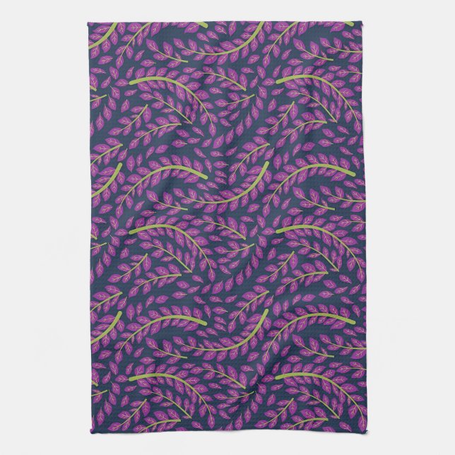 Harmonious Botanical Art on Dark Blue Background Tea Towel (Vertical)