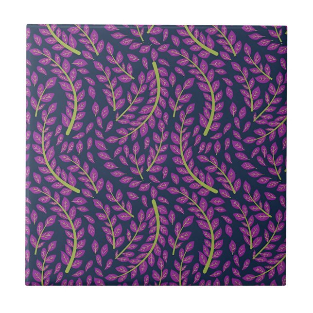Harmonious Botanical Art on Dark Blue Background Tile (Front)