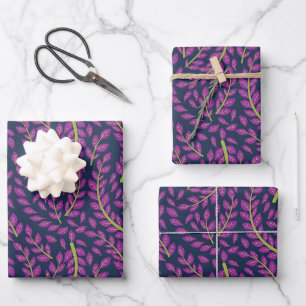 Harmonious Botanical Art on Dark Blue Background Wrapping Paper Sheet