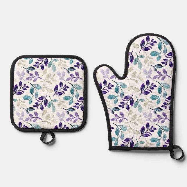  Harmonious Watercolor Leaves Design  Oven Mitt & Pot Holder Set (Front)
