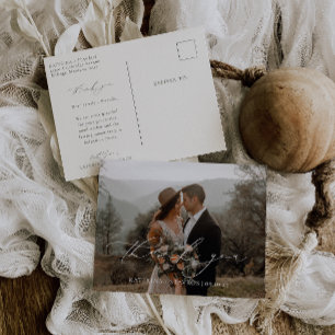 HARMONY Beige Script Wedding Photo Thank You Postcard