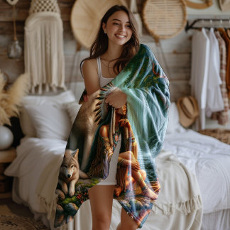 Harmony between Native Indian and wolves in nature Fleece Blanket
