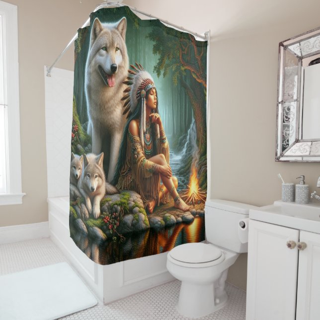 Harmony between Native Indian and wolves in nature Shower Curtain (In Situ)