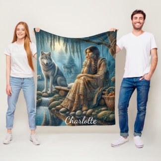 Harmony between Native Indians and wolves Fleece Blanket