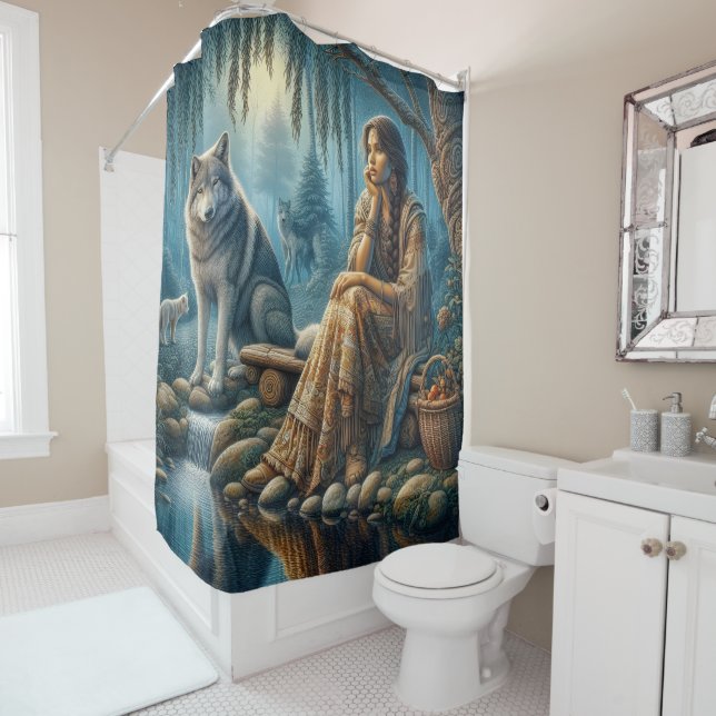 Harmony between Native Indians and wolves Shower Curtain (In Situ)