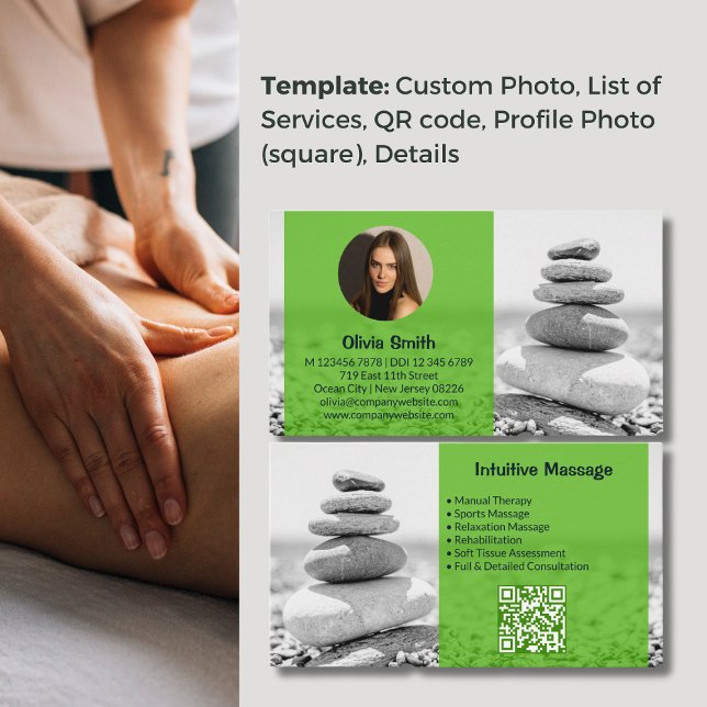 Harmony - Green Massage Therapist Business Card (Harmony - Green Massage Therapist Business Card, Background Photo & Green Overlay, QR code)