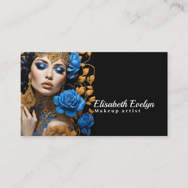 Harmony of Blue and Gold Florals on a Lovely Woman Business Card (Front)