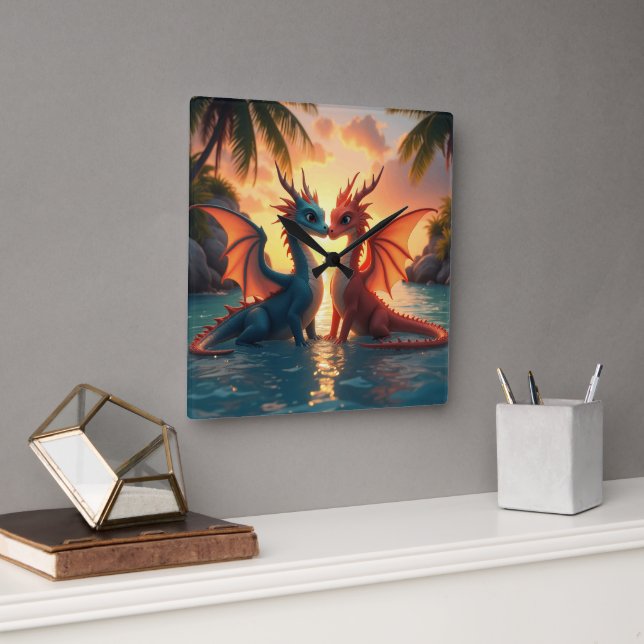 Harmony of Elements: Loving Dragons and a Sea Suns Square Wall Clock (Office)