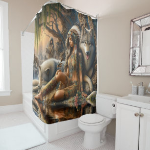 Harmony of nature: A Native Indian and her wolves Shower Curtain