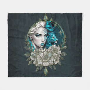 Harmony of the elements, the woman with lion. fleece blanket