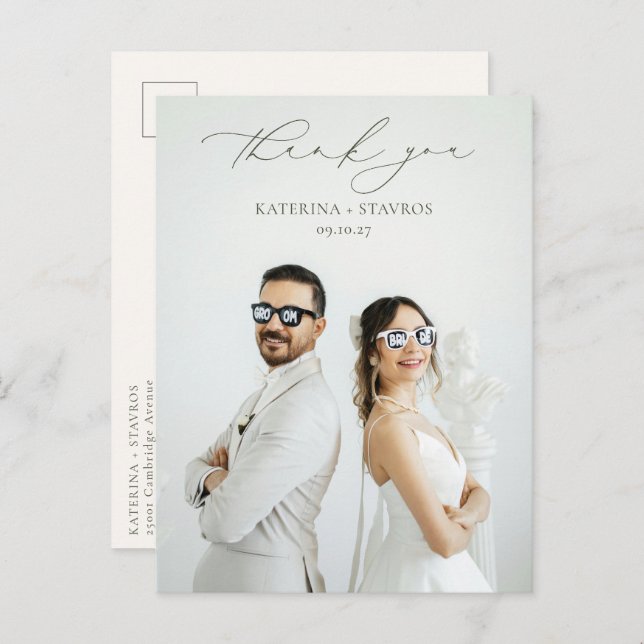 HARMONY Olive Green Script Wedding Photo Thank You Postcard (Front/Back)