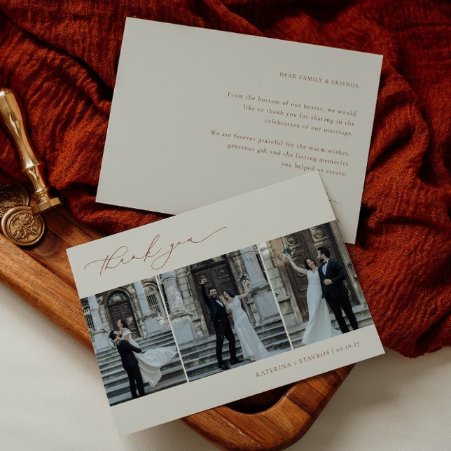 HARMONY Terracotta Minimalist 3 Photo Wedding Thank You Card (Creator Uploaded)