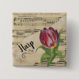  Harp Elegant Tulip Vintage Sheet Music 15 Cm Square Badge