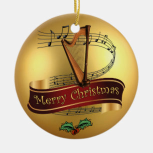 Harp ~ Musical Scroll ~ Gold Merry Christmas ~ Ceramic Tree Decoration