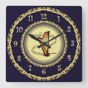 Harp ~ Musical Scroll ~ Gold/Navy Blue ~ Square Wall Clock