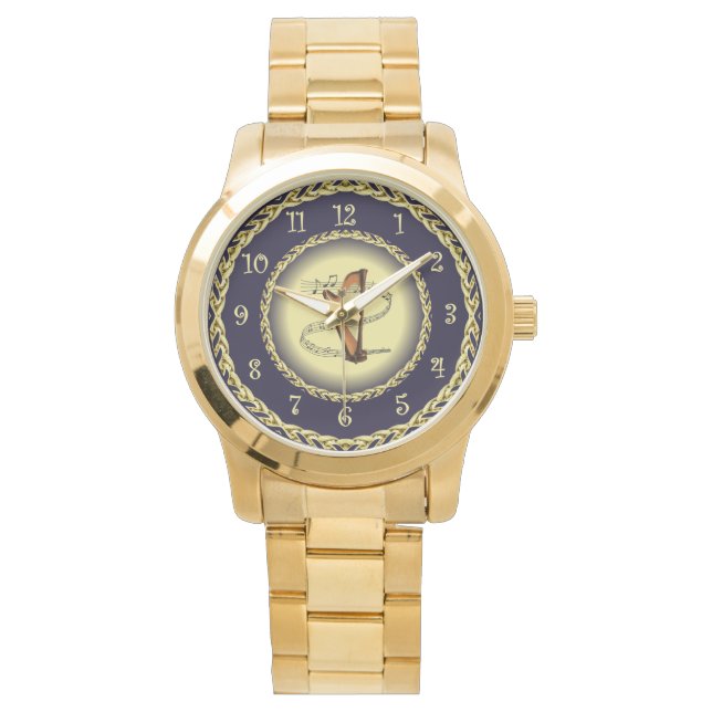 Harp ~ Musical Scroll ~ Gold/Navy Blue ~ Watch (Front)