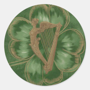 Harp of Erin Four Leaf Clover Green Classic Round Sticker