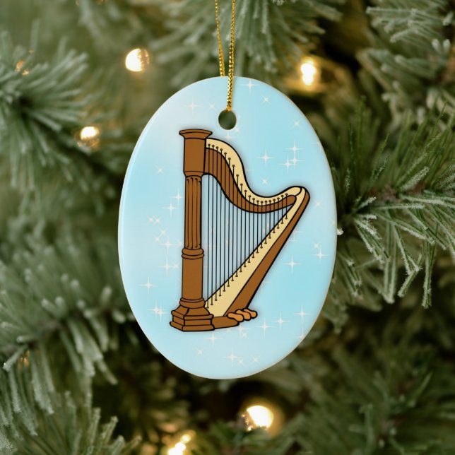 Harp on Blue Ceramic Photo Christmas Ornament (Tree)