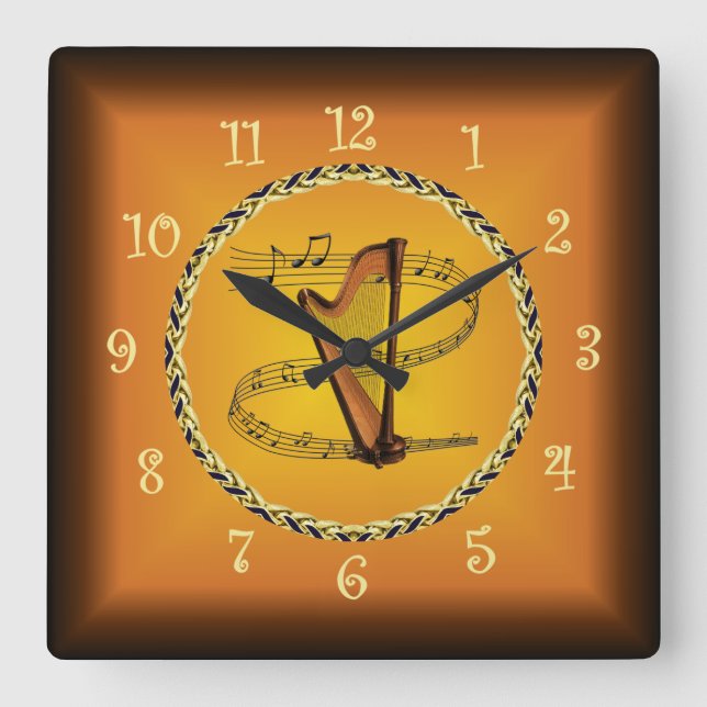 Harp On Musical Scroll & Russet Orange ~  Square Wall Clock (Front)
