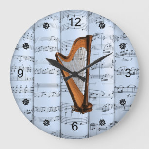 Harp ~ Rolled Sheet Music ~ Blue Tint Background ~ Large Clock