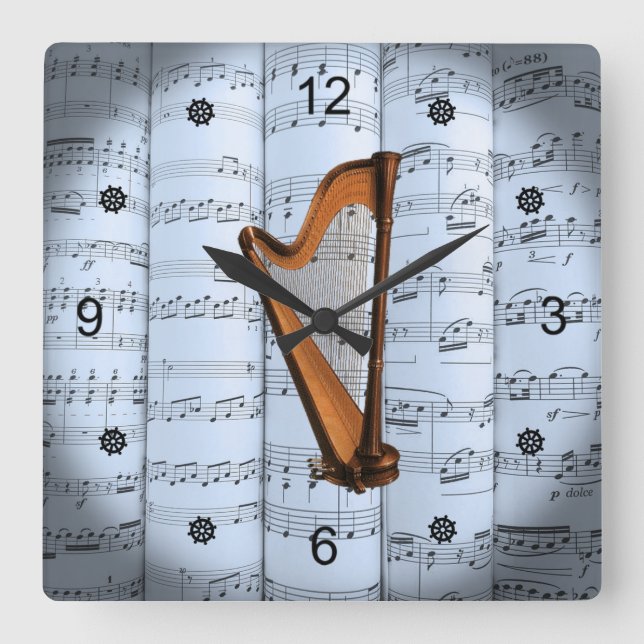 Harp ~ Rolled Sheet Music ~ Blue Tint Background ~ Square Wall Clock (Front)
