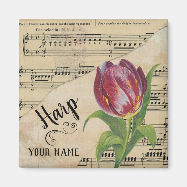 Harp Tulip Vintage Sheet Music Customised Magnet (Front)