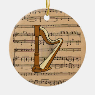Harp With Sheet Music Background Ceramic Tree Decoration