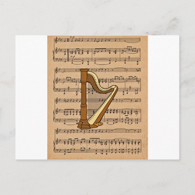 Harp With Sheet Music Background Postcard (Front)