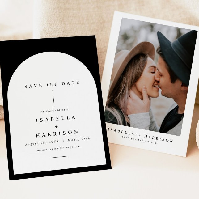 HARPER Black White Boho Arch Photo Save the Date Invitation (Creator Uploaded)