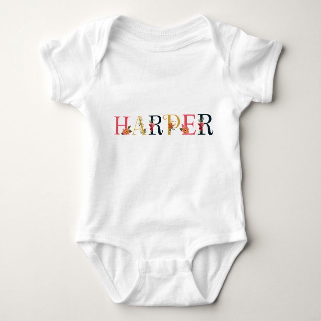 HARPER Name Art With Flowers Embroidered Baby Bodysuit (Front)