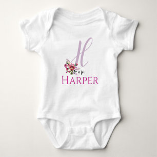 Harper Name Reveal Floral Letter H Girl Whimsical Baby Bodysuit