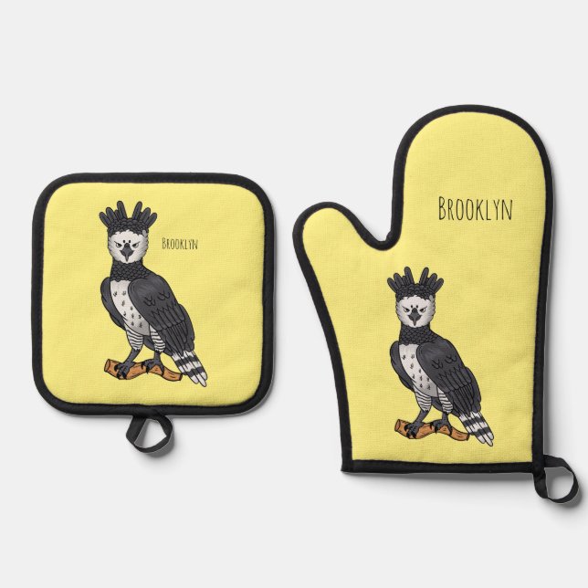 Harpy eagle cartoon illustration  oven mitt & pot holder set (Front)