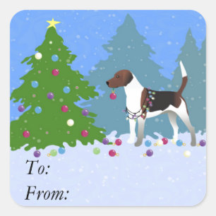 Harrier or Beagle Decorating a Christmas tree Square Sticker