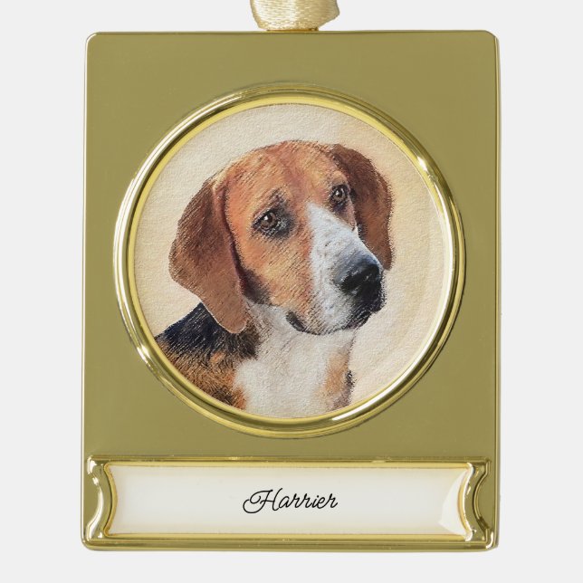 Harrier Painting - Cute Original Dog Art Gold Plated Banner Ornament (Front)