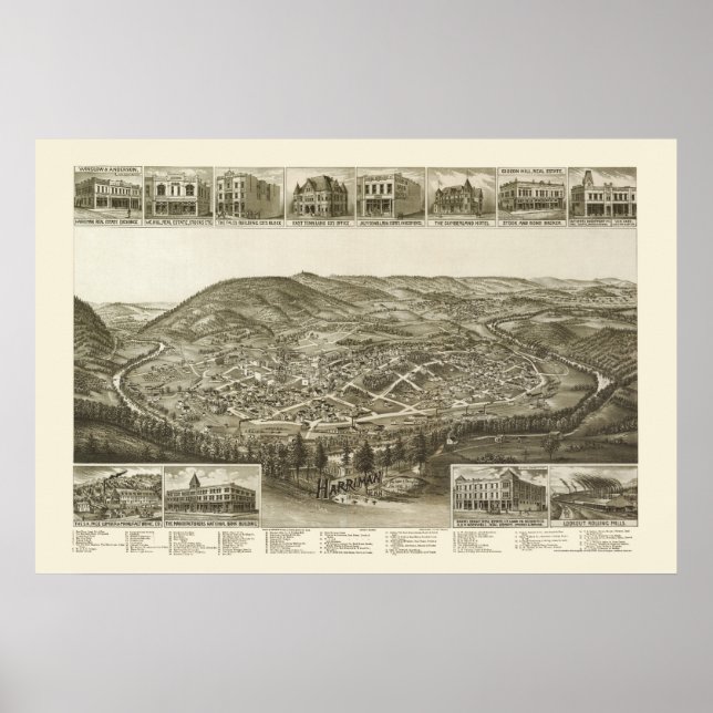 Harriman, TN Panoramic Map - 1892 Poster (Front)