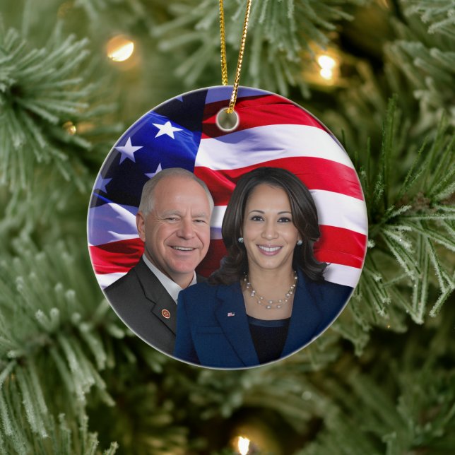 Harris Waltz Photo 2024 - Kamala Harris Tim Waltz Ceramic Tree Decoration (Tree)