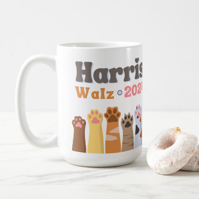 Harris Walz 2024 Cat Paws Cat Ladies Democrat  Coffee Mug (With Donut)