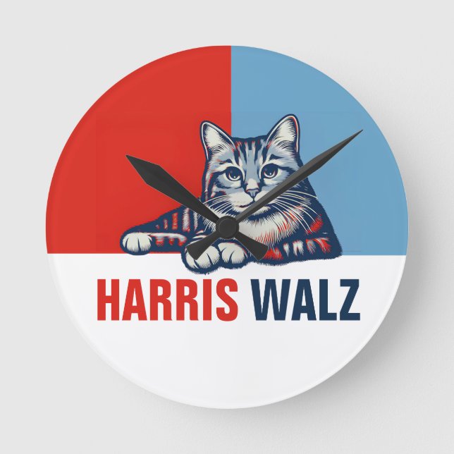 Harris Walz 2024 Obviously Red Blue Cat Round Clock (Front)