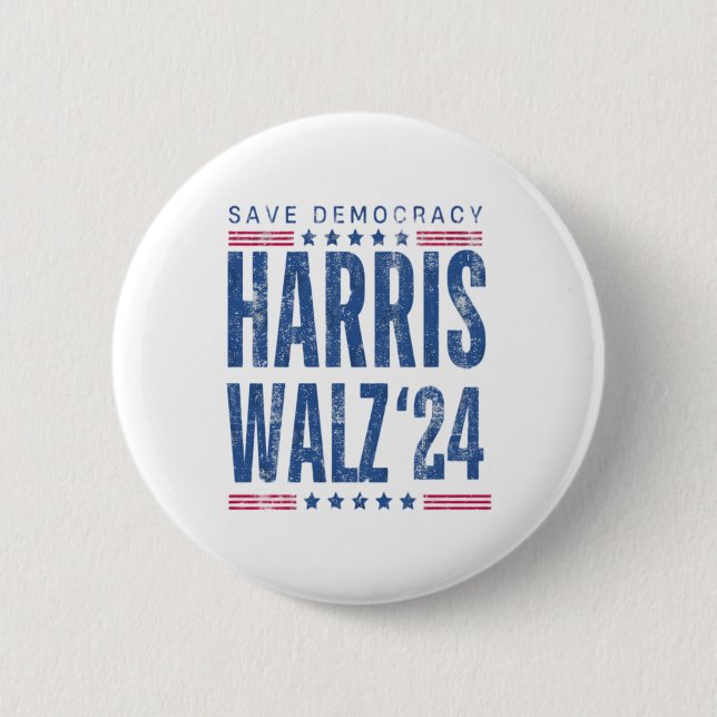Harris Walz 2024 Save Democracy  6 Cm Round Badge (Front)