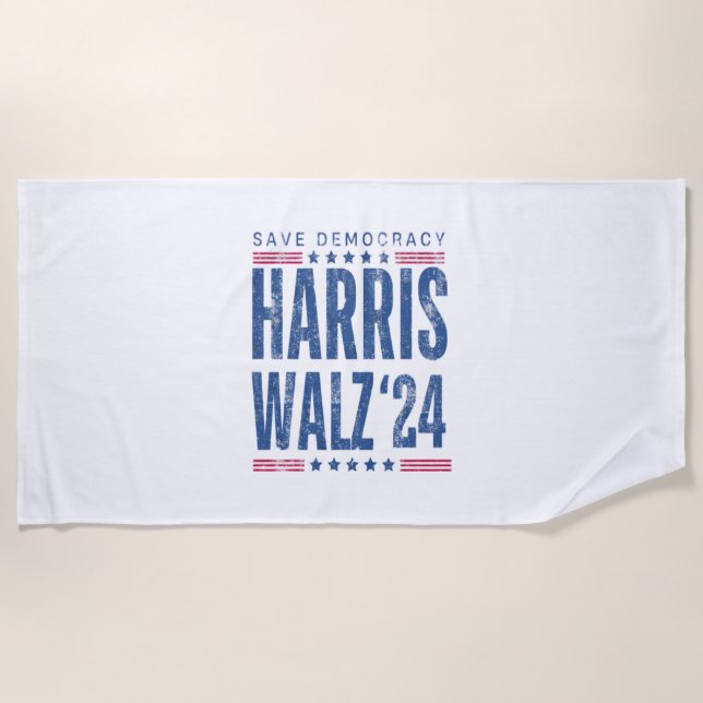 Harris Walz 2024 Save Democracy  Beach Towel (Front)