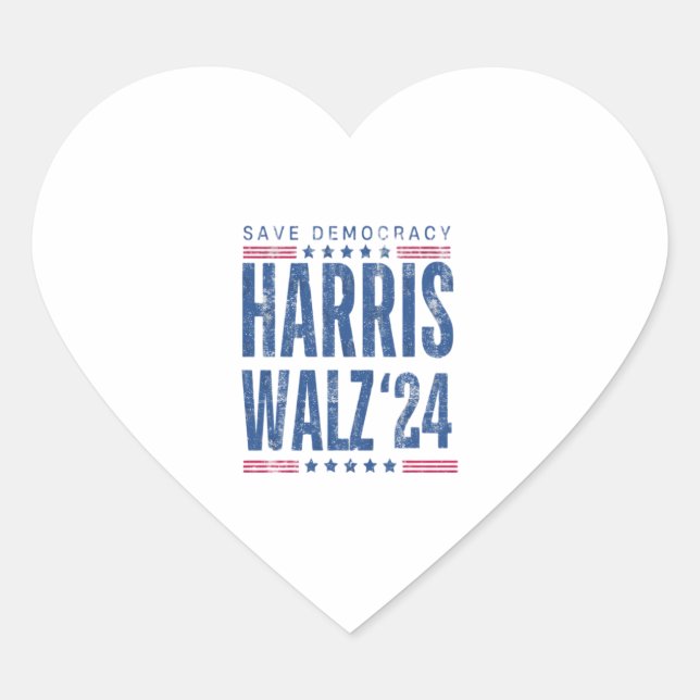 Harris Walz 2024 Save Democracy  Heart Sticker (Front)
